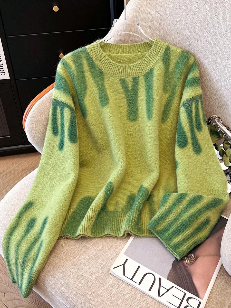 活力复古涂鸦印花宽松圆领针织衫，休闲街头风，秋冬新品，返校季度假必备 - 綠色 - 查看 1