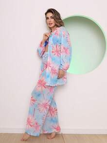 Printed Tulle Beach Cover-Up Shirt And Pants Set - 薄荷藍 - 查看 3