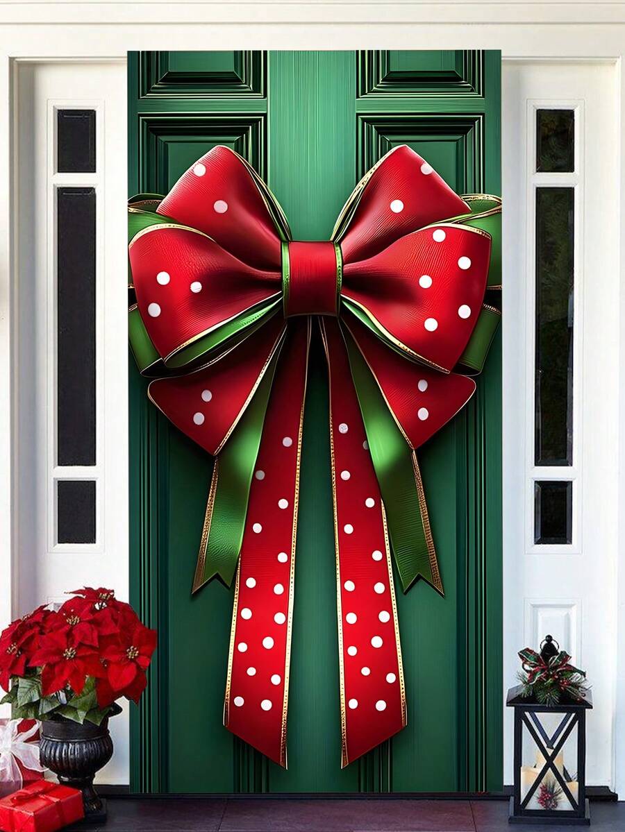 1 pezzo Fiocco decorativo per cornice della porta in poliestere per Natale - Senza elettricità necessaria, grande striscione natalizio, design di scatola regalo di Natale, decorazione per la casa, cartello appendibile per porta natalizia, decorazioni natalizie, regali di Natale