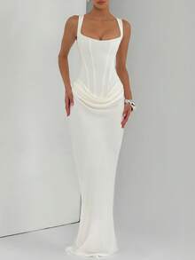 Đầm ôm sát gợi cảm dây mảnh Cornelia dành cho nữ, đầm dài xếp ly mùa hè, đầm cocktail sinh nhật thanh lịch thắt nơ phía sau bằng ren trắng. - trắng - Xem 10