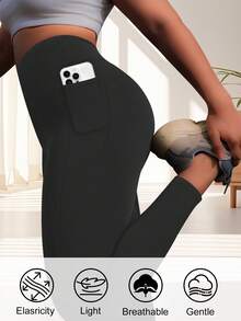 大码女式高腰塑形打底裤，休闲舒适，带口袋，女式长裤，口袋打底裤，高腰健身七分裤，纯色修身裤，黑色打底裤，曲线裤，适合所有季节的女式慢跑裤 - 黑色 - 查看 3