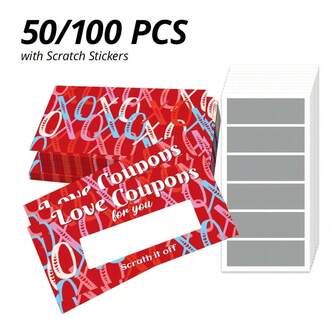 50/100张空白情人节奖励卡，“为你准备的爱心优惠券，刮开即可”字样，尺寸9x5.4厘米/3.5x2.1英寸，情侣奖励道具，趣味情人节用品，DIY抽奖道具，适用于网店、情人节礼物、礼品店、实体店情人节活动