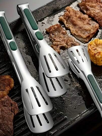 Stainless Steel Food Clip With Silicone Anti Slip Handle - Heavy-Duty 201 Stainless Steel Structure, Ergonomic Handle And Anti Slip Base, Suitable For Barbecue, Grill, Salad - Easy-To-Use Utensil Clip, Suitable For Outdoor, Hotel Buffet, Home Kitchen - Available In Three Colors