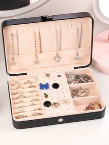 1个旅行双层首饰盒，PU皮革首饰收纳盒，按扣式首饰整理盒，便携式旅行首饰展示盒，多隔层首饰收纳盒，可收纳戒指、吊坠、耳环、项链等，适合海滩、浴室、卧室等场所，是送给女性的时尚礼物、生日礼物、万圣节礼物、圣诞节礼物的理想之选。 - 彩色 - 查看 4