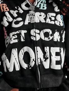 Harajuku Hoodies For Women Letter Foaming Print Hooded Sweatshirt Punk Full Zipper Jacket Y2k Oversized Hoodies Garbage Coat - 黑色 - 查看 5