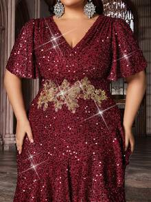Glamorous Curve Women Sequins Formal Dress Appliques Evening Gown Plus Size Asymmetrical Hem Flounce Sleeve Party Prom Dresses