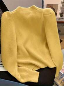 女士圆领泡泡袖开衫毛衣，新款秋冬长袖针织开衫，前排罗纹纽扣 - 芥末黃 - 查看 2