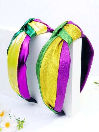 1pc Women's Carnival Colorful Striped Glitter Cute Party PU Knotted Headband,Hair Band Hair Accessories