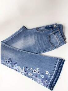Women's Jeans, Floral Embroidered Flared Style, Casual And Versatile All Year Round, Washed Blue Women's Jeans. - Màu xanh lam - Xem 5