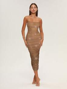 闪光亮片褶皱女士连衣裙生日婚礼派对无袖网眼长款节日连衣裙