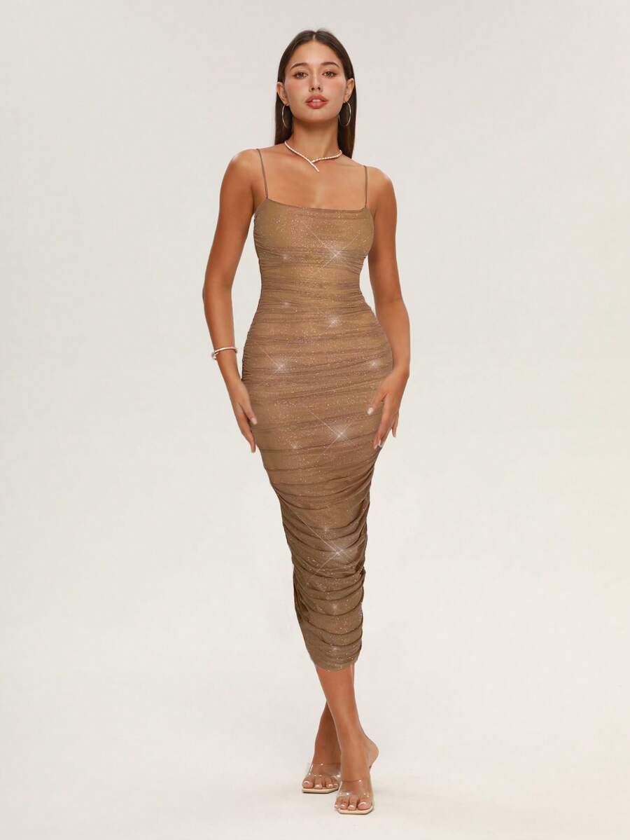 闪光亮片褶皱女士连衣裙生日婚礼派对无袖网眼长款节日连衣裙