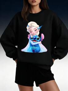 Frozen Elsa Hugging Stitch Cartoon Character Black Sweatshirt Women Oversized Crewneck Pullover Long Sleeve Casual TopChristmas Party Gift, Ladies Plus Size Sweatshirt - Black - View 1