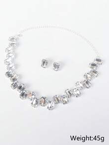 Set de collar y aretes de cristal cuadrado asimétrico, conjunto de joyas elegante y lujoso para vestido de noche de mujer - Plateado - Ver 4