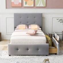 Upholstered Bed 90 X 200 Cm, Slatted Bed With Headboard And Two Drawers, Soft Velvet Fabric, Beige Single Bed, Children's Bed, Junior Bed, Guest Bed (Without Mattress) - Grey - View 3