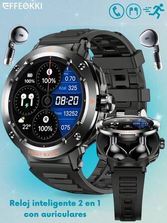  Reloj inteligente EFFEOKKI 2 en 1 con auriculares - Bisel de aleación de zinc, hacer/responder llamadas, NFC, pantalla táctil completa de 1.46 pulgadas, monitor de frecuencia cardíaca, oxígeno en sangre y sueño, rastreador de fitness multideportivo, compatible con iOS y Android, regalo para hombres, esposo, papá, novio
