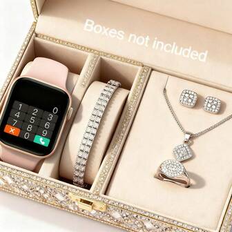 5件套时尚硅胶表带1.44英寸触摸屏多功能电子手表，适合女性、青少年、学生、情侣佩戴，具备多种运动模式、拍照控制、社交应用通知功能，搭配方形银色水钻饰品，适合日常佩戴、户外活动、上学、聚会、度假、送礼。