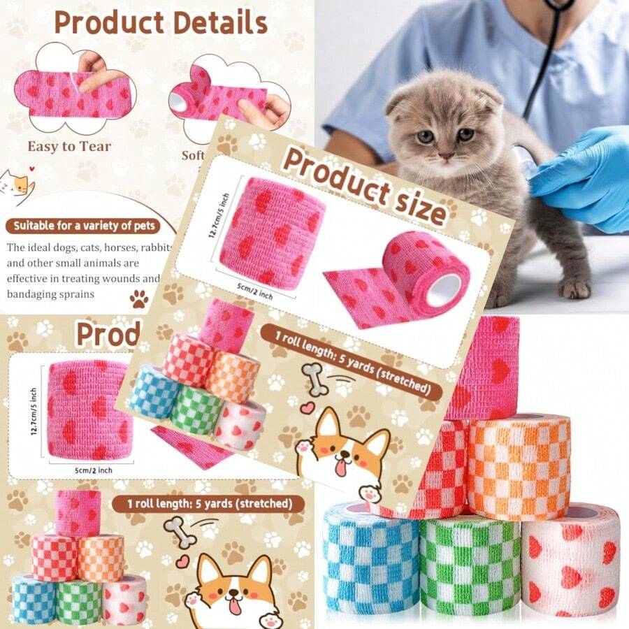 6 Pack 2 Inch X 5 Yards Checkered And Heart Print Pet Vet Wrap For Dogs Cats Horses Non-Woven Self-Adhesive Cohesive Bandage Rolls For Wound Care Ankle Sprains Swelling First Aid Protection - Red and White - View 1