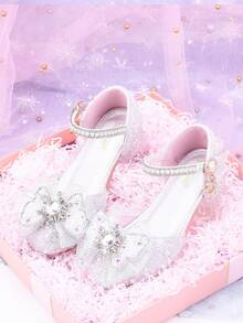 Zapatos de tacón alto con cristales azules para niñas, nuevas sandalias infantiles, zapatos con decoración de lazo de encaje hueco y medio cerrado, zapatos de fiesta de princesa con brillo y chispa - Diseño de hebilla con brillo de colores, tacón pequeño cómodo para niñas - Plateado - Ver 9