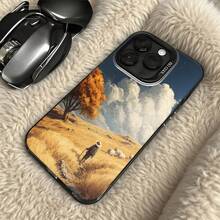 Cubierta de telefono con borde transparente color blanco con estampado paisaje otoñal pasto dorado arbol y persona caminando con sombrero ideal para uso diario en cafeterias y espacios exteriores - Plateado - Ver 5