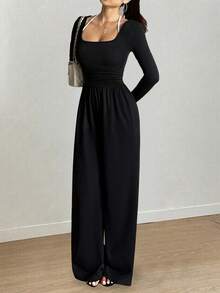 Women's Casual Pleated Loose Straight Jumpsuit - Black - View 11