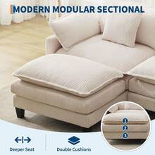 3-Seater Modular Sectional Sofa With 2 Ottomans, Corduroy Deep Seat Couch, Double Layer Cushion, Plush Backrest & Armrest Pillow, Cozy Cloud Couch For Living Room Apartment  146.5" L Modular Sectional Sofa With Ottoman, Corduroy Cloud Couch U-Shaped, Deep Seat Comfy Couch For Living Room, Movable Ottoman & Pillows  112 In U Modular Sectional Sofa, Corduroy Cloud Couch With Movable Ottoman & Throw Pillows, Modern L/U-Shaped Sofa, Comfy Deep Seat Couch For Living Rooms, Offices, Bedroom And Apartment - Màu be-112"-Hình chữ U 3 chỗ ngồi - Xem 5