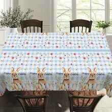 1pc Blue Plaid Easter Bunny Tablecloth, Cute Holiday Style Dining Table Decor, Durable Polyester Fabric, Easy To Clean, Essential For Family Gatherings, Suitable For Daily Dining Room, Living Room, Outdoor Picnics, Easter Theme Parties, Indoor/Outdoor Use - Multicolor - View 3