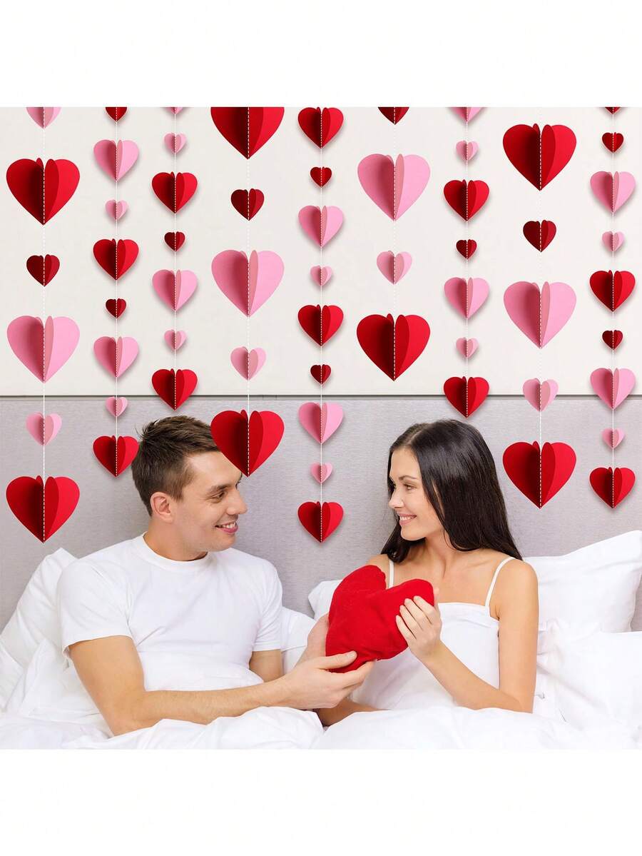 3pcs 150cm Valentine's Heart Garland Decoration 3D Hanging String Garland Ornament For Valentine's Day,Wedding,Anniversary Proposal Birthday Party Decor Supplies