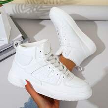 Women's White High-Top Sneakers, Versatile Casual Shoes, Lace-Up Round Toe Comfortable Footwear