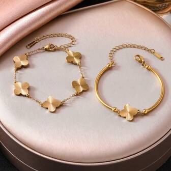 مجموعة سوار مطلي بالذهب عيار 18 قيراط من الفولاذ المقاوم للصدأ - نمطان من سلسلة زهرة رباعية الأوراق وسوار، مناسب للنساء | هدية مجوهرات أنيقة وعصرية