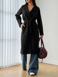 女士黑色长袖束腰大衣 冬季秋季新年圣诞节日常款 - 黑色 - 查看 1