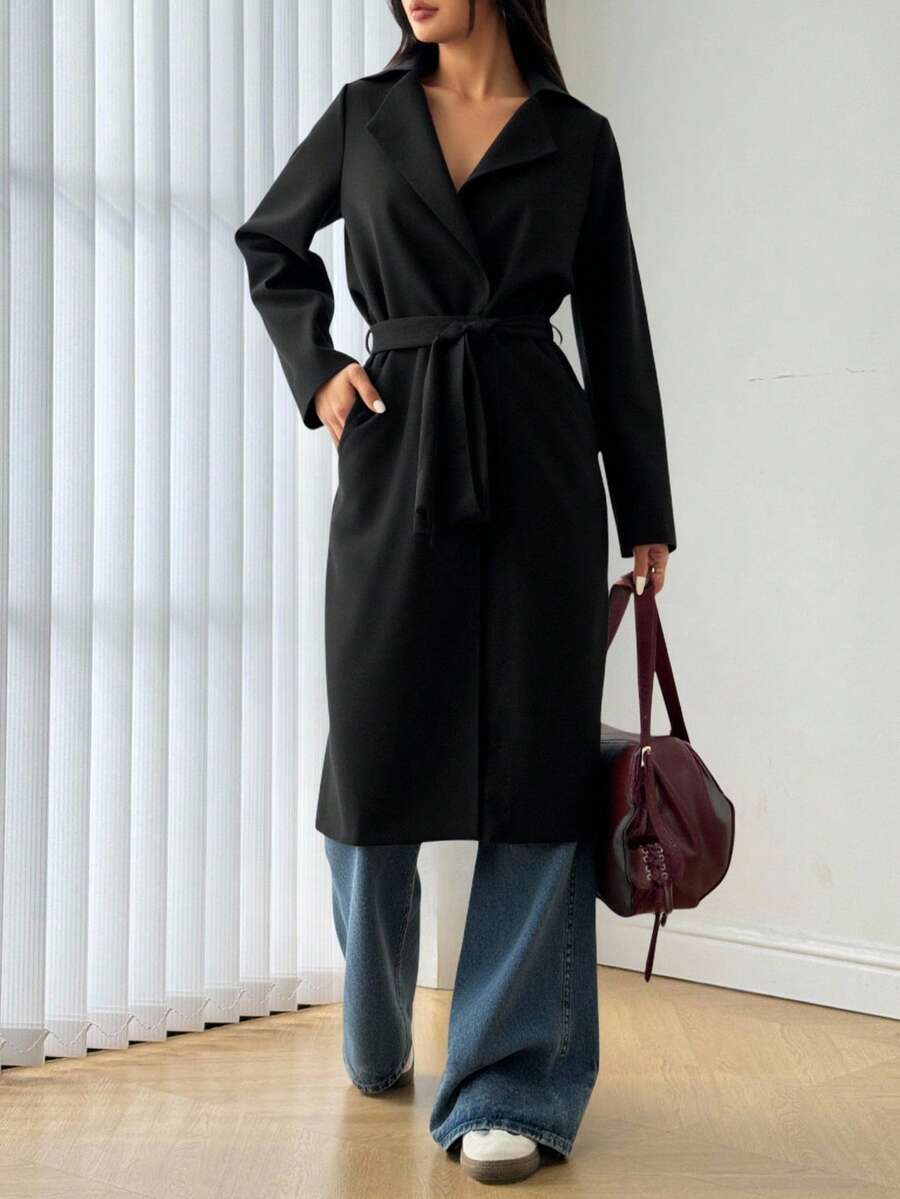 女士黑色长袖束腰大衣 冬季秋季新年圣诞节日常款 - 黑色 - 查看 1