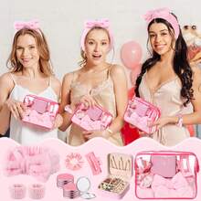 8Pcs/Set Spa Party Favors For Girls Pink Sleepover Party Supplies Bow Headband Wristband Scrunchies Hair Clip Jewelry Case Makeup Bag Mirror For Women Bridesmaid Return Gifts - Pink - View 4
