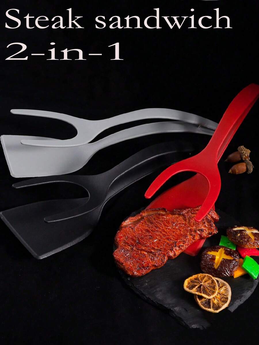 3/1pc 2-In-1 Spatula And Tongs, Non-Stick Pancake Flipper, Egg Flip Tongs, Kitchen Egg Turning Spatula, Omelette Spatula Egg Tongs, Multi-Purpose Non-Stick Kitchen Tools, Omelette Maker Cooking Utensils For Steak, Omelette, Pancake, Egg, Grill (Red, Black, Grey) - Multicolor - View 1