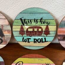 6pcs, Camping Campfire Wooden Coaster, Heat Insulation Mat, Desktop Protective Mat, Suitable For Mug, Cafe, Office, Kitchen, Restaurant, Birthday, Christmas Gift - Multicolor - View 6