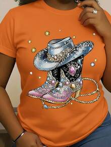 Playera camiseta gráfica dama mujer manga corta cuello redondo básica cómoda fresca ligera estampado botas vaquera occidente lazo cuerda brillos diamantes día noche - Naranja - Ver 1