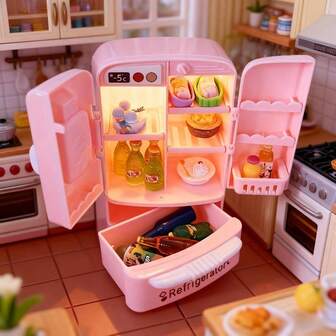 1:12 Scale Miniature Double Door Refrigerator Model - Playful Pink Kitchen Accessory With Detailed Food Items, Ideal For Miniature Homes, DIY Pocket Scene Decor, Festive Kitchen Decor|Playful Refrigerator Design