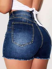 Plus Size Fashionable Street Style Frayed Hem Denim Shorts Summer - Blue - View 1