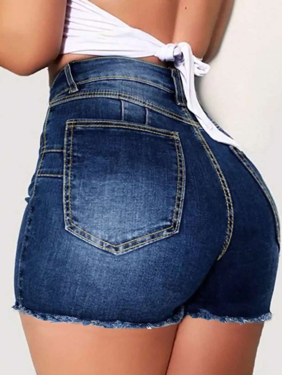 Plus Size Fashionable Street Style Frayed Hem Denim Shorts Summer - Blue - View 1