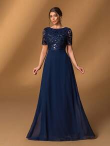 Faeriesty Elegante vestido formal de la madre de la novia con cuello redondo, manga corta, corte evasé y diseño bordado con flujo - Perfecto para recepciones de bodas, cenas formales, galas benéficas, grandes banquetes y recepciones de alto nivel - Azul Marino - Ver 5