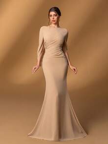 Faeriesty Mosy Elegant Boat Neck Bridal Mother Gown With Sweep Train Sleeves & Mermaid Tail Hem Featuring Draped Detailing - Formal Mother Of The Bride Dress Perfect For Weddings, Gala Dinners, Award Ceremonies, Charity Balls, And Black-Tie Events