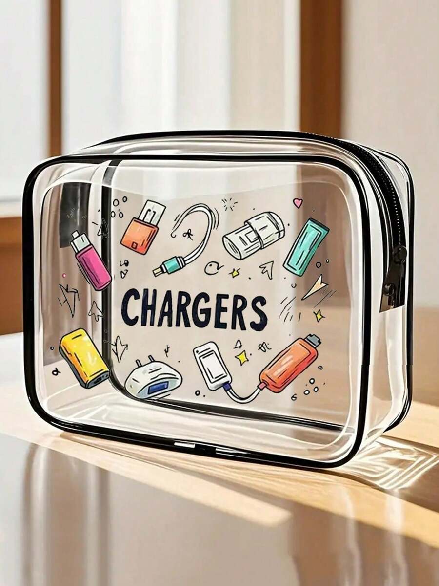 New Arrival! All-In-One Charger Travel Organizer - Transparent Toiletry Bag, Travel Essential, Portable Zipper Travel Makeup Bag, Beach Clear PVC Toiletry Bag, Waterproof Storage Pouch, Transparent Organizer Bag, Cable And USB Organizer Bag, Airport Approved PVC Cosmetic Bag For Chargers, Cables And Power Banks - Multicolor - View 1