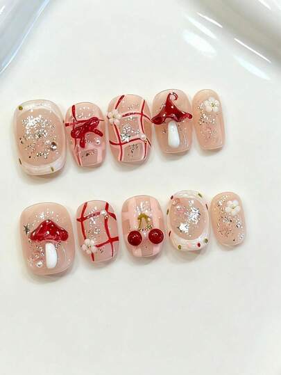 10片装短款椭圆形手工美甲贴片，适合派对和日常佩戴，粉色系，温柔精致的猫眼高感设计，椭圆形，闪亮耀眼，易于佩戴。10片装Y2K风格手工美甲贴片，适合女孩和女士参加节日派对和日常佩戴。