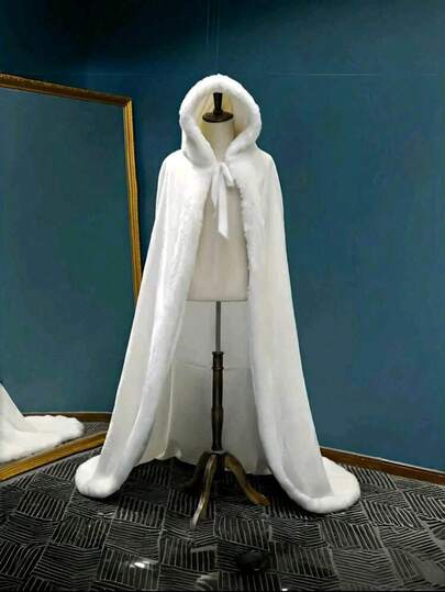 1pc Women White Fluffy Open FrontShawl With Tie-Up Velvet Bow Decor,Warm Winter Bridal Shawl For WeddingParty,Adult Ceremony,Bal, ElegantVintage Romantic Style, Casual WarmPlush Shawl Plush Cloak