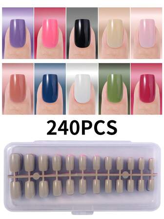 240Pcs Square Glossy Gel Press-On Nails, Acrylic Fake Nails, Pre-Coated Top Coat And Pre-Colored Nail Tips, 10 Colors Are Available, Simple Design Suitable For Diy Nail Art, Nail Supplies, And Nail Salons