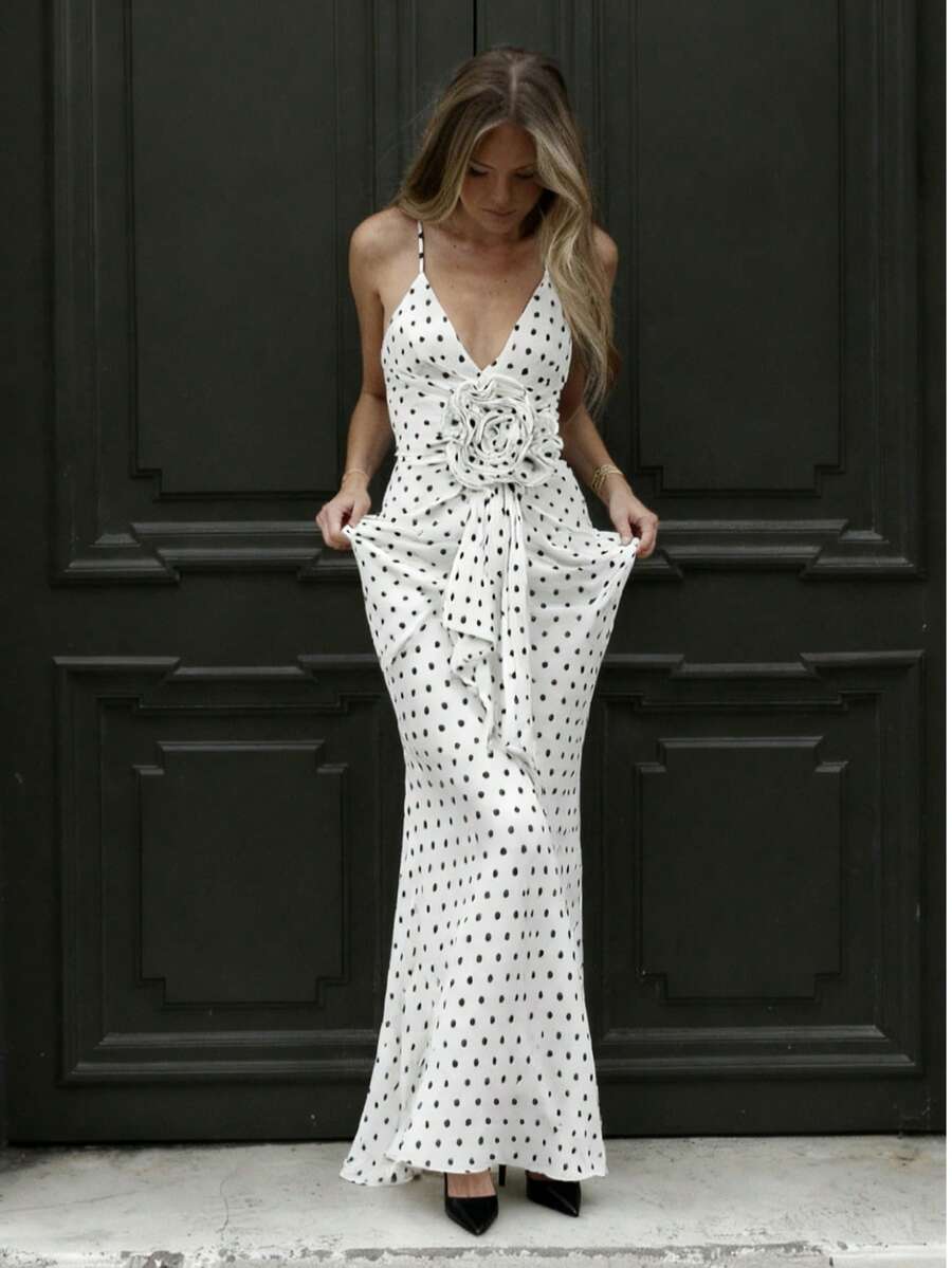 Elegant Party Women's Graceful Polka Dot 3D Floral Print Dress - White - View 1