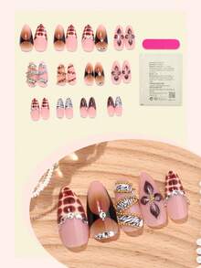 法式豹纹亚克力美甲贴片 24片装 Kpop 中号杏仁形按压式美甲贴片，金属光泽 DIY 棕色和粉色 3D 立体美甲套装，饰有花朵/金链/钻石配件，适合美甲沙龙使用，是女孩和女士日常佩戴、节日派对和新年礼物的理想之选。 - 彩色 - 查看 2