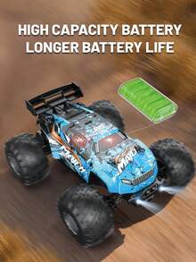 1pc 1:18 Scale Remote Control Car, 2.4GHz All-Terrain Monster Truck, 20km/H High Speed Electric Off-Road Vehicle Toy With LED Lights, Rechargeable Battery, Durable PVC Shell, Rear-Wheel Drive, Suitable For Boys Aged 3-12, Beginners (Blue, Green) - Multicolor - View 4