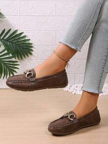 2025春季新款女士时尚金链优雅套脚乐福鞋，轻便舒适，百搭橡胶平底鞋 - 棕色 - 查看 15