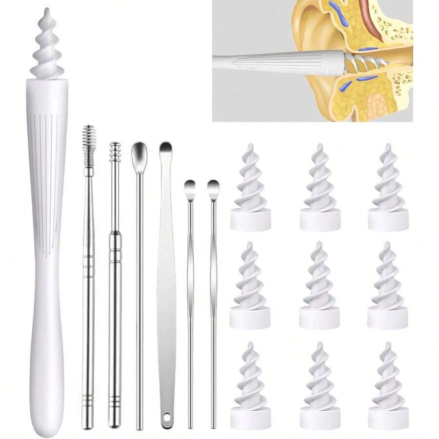 Herramienta para eliminar cerumen de oídos TYUI 2025 Q-Grips, kit de limpieza de cera de oídos reutilizable y lavable con puntas de silicona suave de repuesto para una limpieza talla grande profunda, contiene 7 tipos de herramientas de limpieza de oídos, color blanco - Blanco - Ver 1