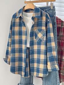 Women's Brushed Plaid Front Button Pocket Shirt, Casual Everyday Wear Spring - Retro Blue - View 6